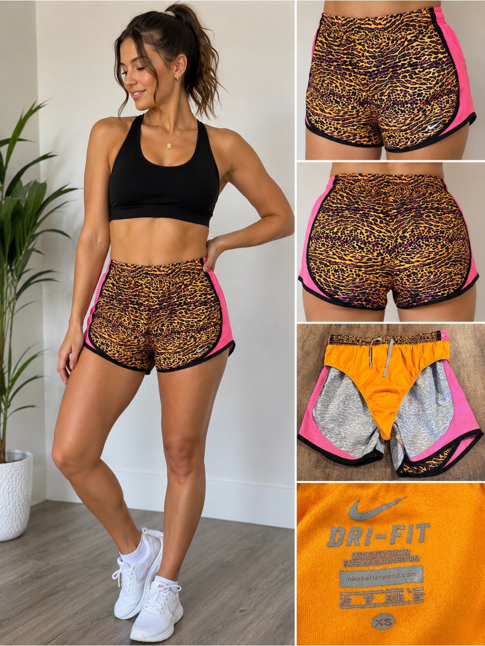 Nike Dri-FIT Running Shorts XS Animal Print Hot Pink Orange Lined Athletic